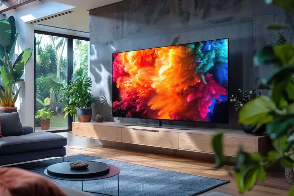 A large screen in a modern living room