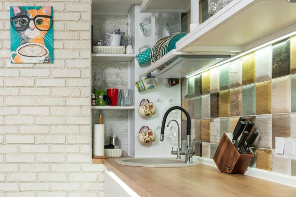 A kitchen countertop in a modern flat