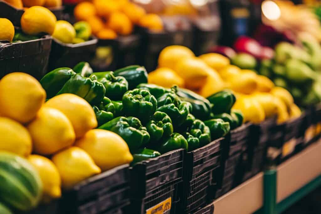 Lemons and bell peppers sold in a Sunday market in the concept of 'best local shops and markets in Islington'.